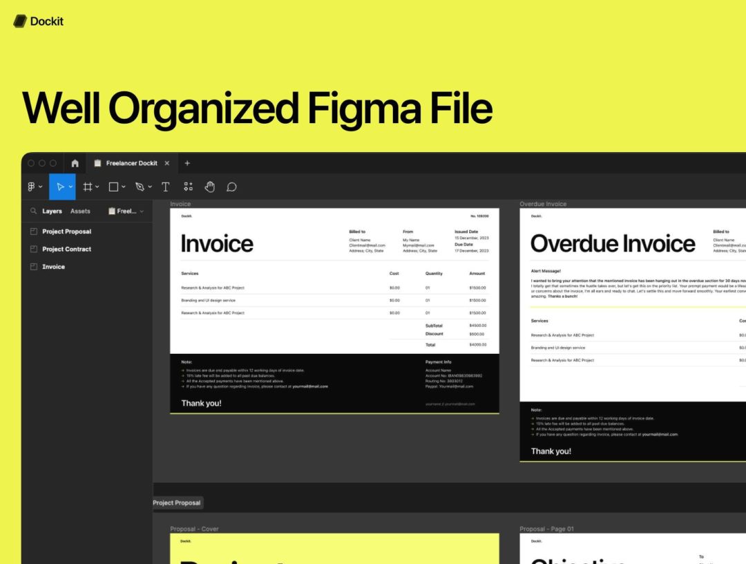 19页现代极简公司介绍项目提案演示文稿板式设计figma模板套件素材 Dockit | The Ultimate Freelancer document Kit APP UI sucaiwan.com