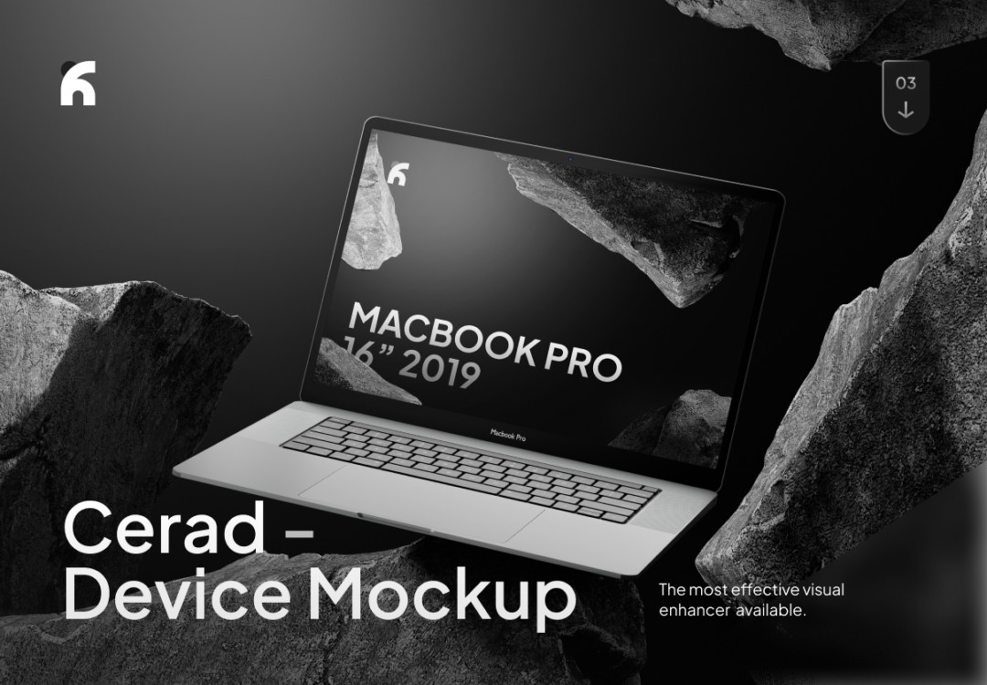 创意岩石背景黑化风苹果MacBook Pro展示效果图PS贴图样机模板素材 Cerad – Macbook Pro Modern Mockups 样机素材 sucaiwan.com