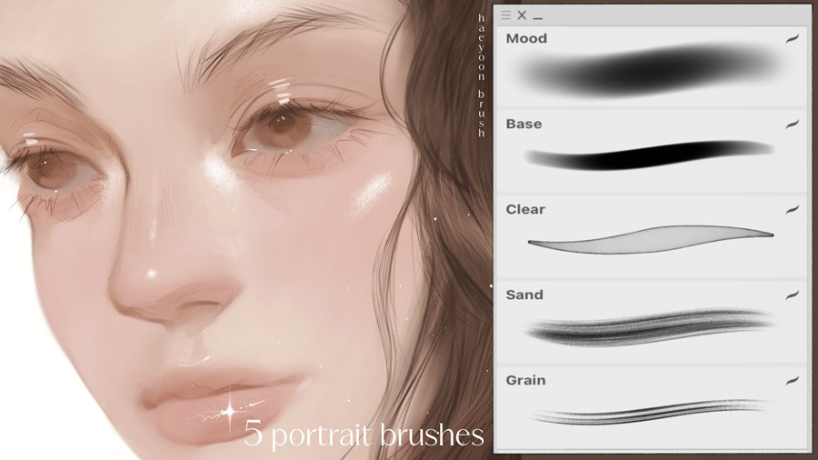 真实眉毛头发数字艺术绘画效果procreate笔刷画笔设计素材 HAEYOON Mini portrait brush set (5) for procreate 笔刷资源 sucaiwan.com