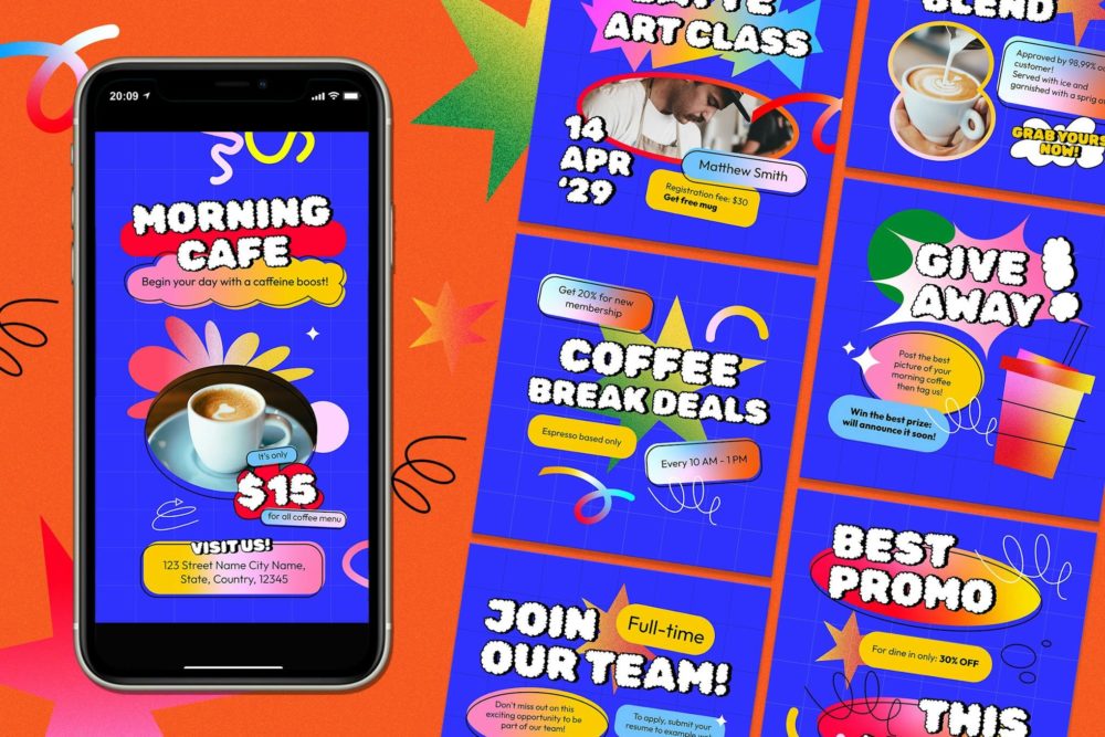 蓝色渐变色系咖啡店营销公众号推文电商海报设计PSD分层源文件素材 Blue Vibrant Gradient Coffee Shop Instagram Pack 设计素材 sucaiwan.com