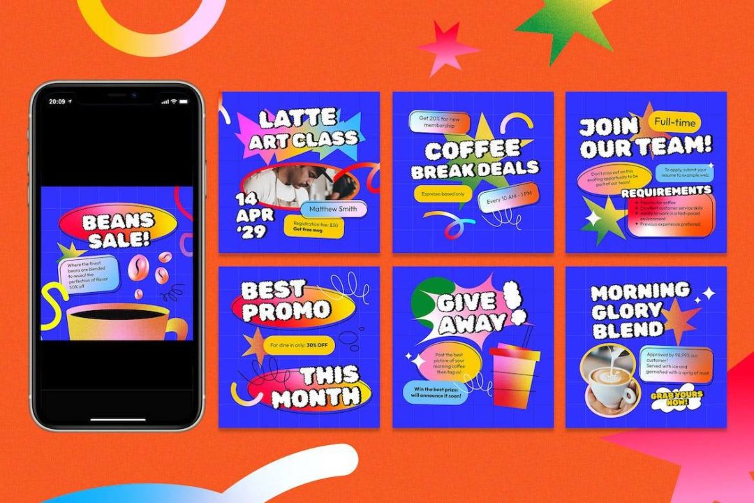 蓝色渐变色系咖啡店营销公众号推文电商海报设计PSD分层源文件素材 Blue Vibrant Gradient Coffee Shop Instagram Pack 设计素材 sucaiwan.com