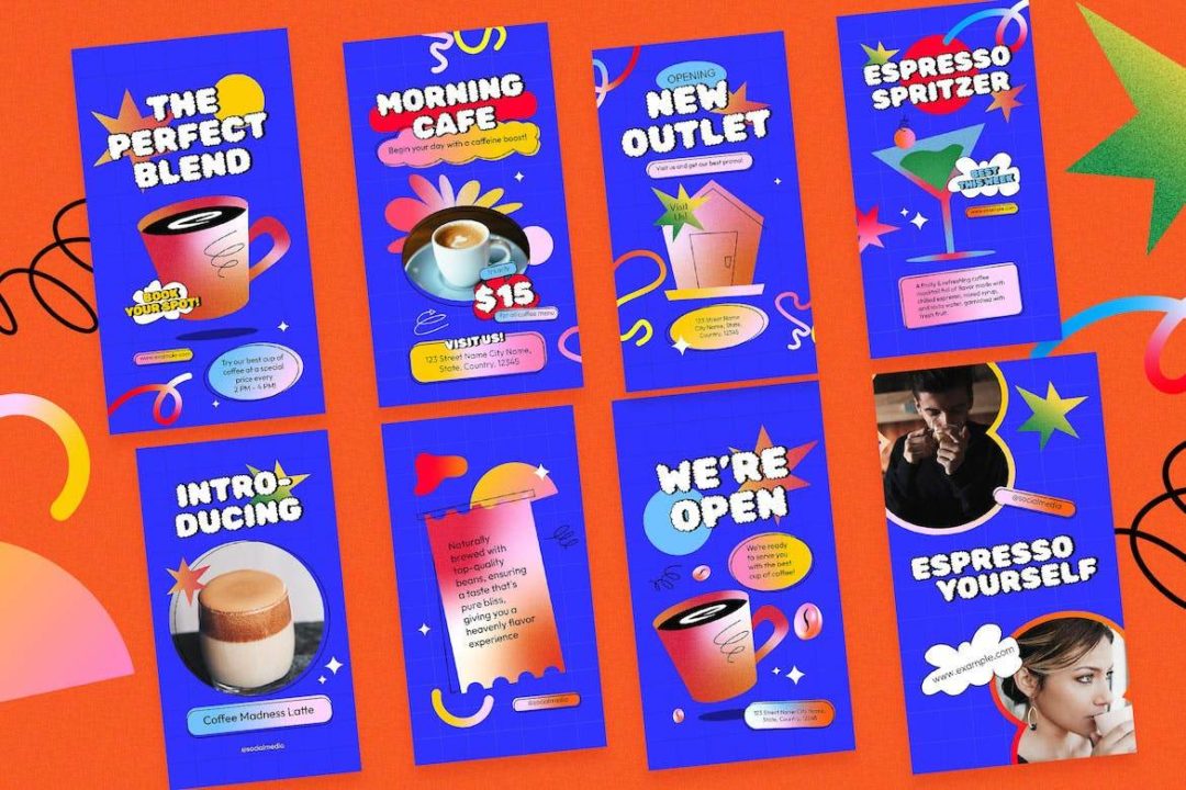 蓝色渐变色系咖啡店营销公众号推文电商海报设计PSD分层源文件素材 Blue Vibrant Gradient Coffee Shop Instagram Pack 设计素材 sucaiwan.com