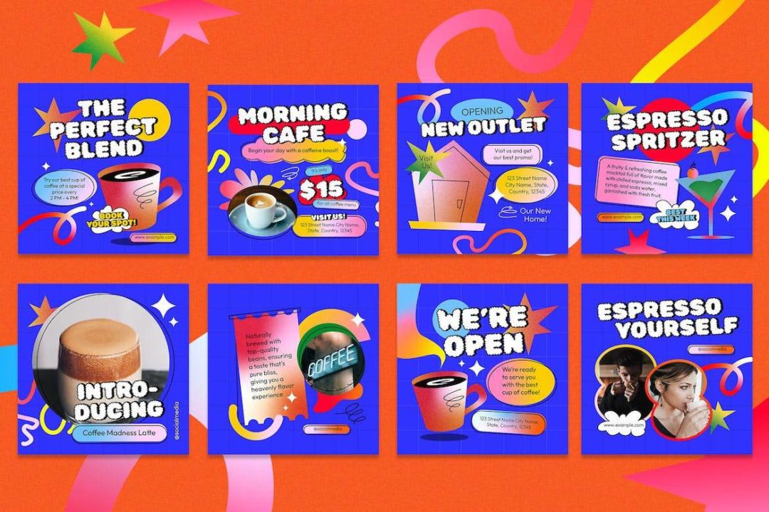 蓝色渐变色系咖啡店营销公众号推文电商海报设计PSD分层源文件素材 Blue Vibrant Gradient Coffee Shop Instagram Pack 设计素材 sucaiwan.com