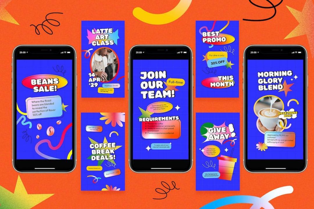 蓝色渐变色系咖啡店营销公众号推文电商海报设计PSD分层源文件素材 Blue Vibrant Gradient Coffee Shop Instagram Pack 设计素材 sucaiwan.com