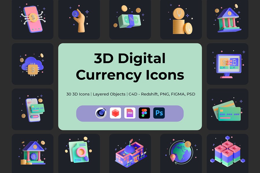 30款高级加密虚拟数字货币金融3d插图图标icons设计png/c4d/psd/fig格式素材 30 3D Icons Illustration Digital Currency 图标素材 sucaiwan.com