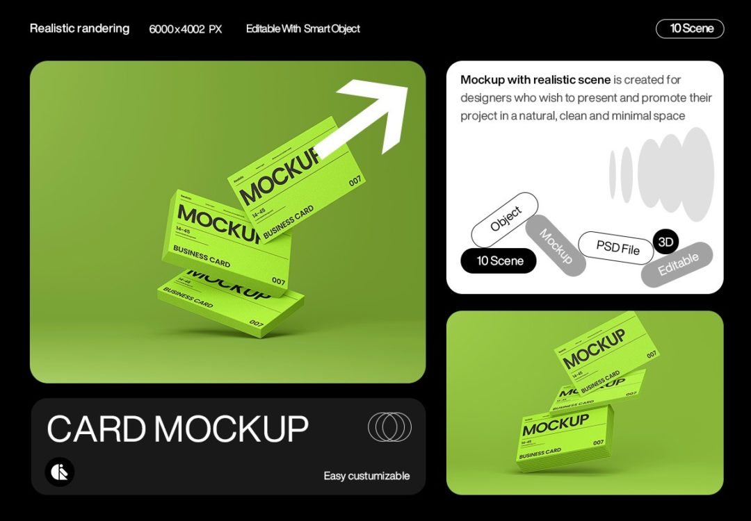 10款时尚逼真悬浮商务名片卡片logo品牌vi设计展示效果图ps贴图样机模板素材 Vibrant Green Business Card Mockup Template 样机素材 sucaiwan.com