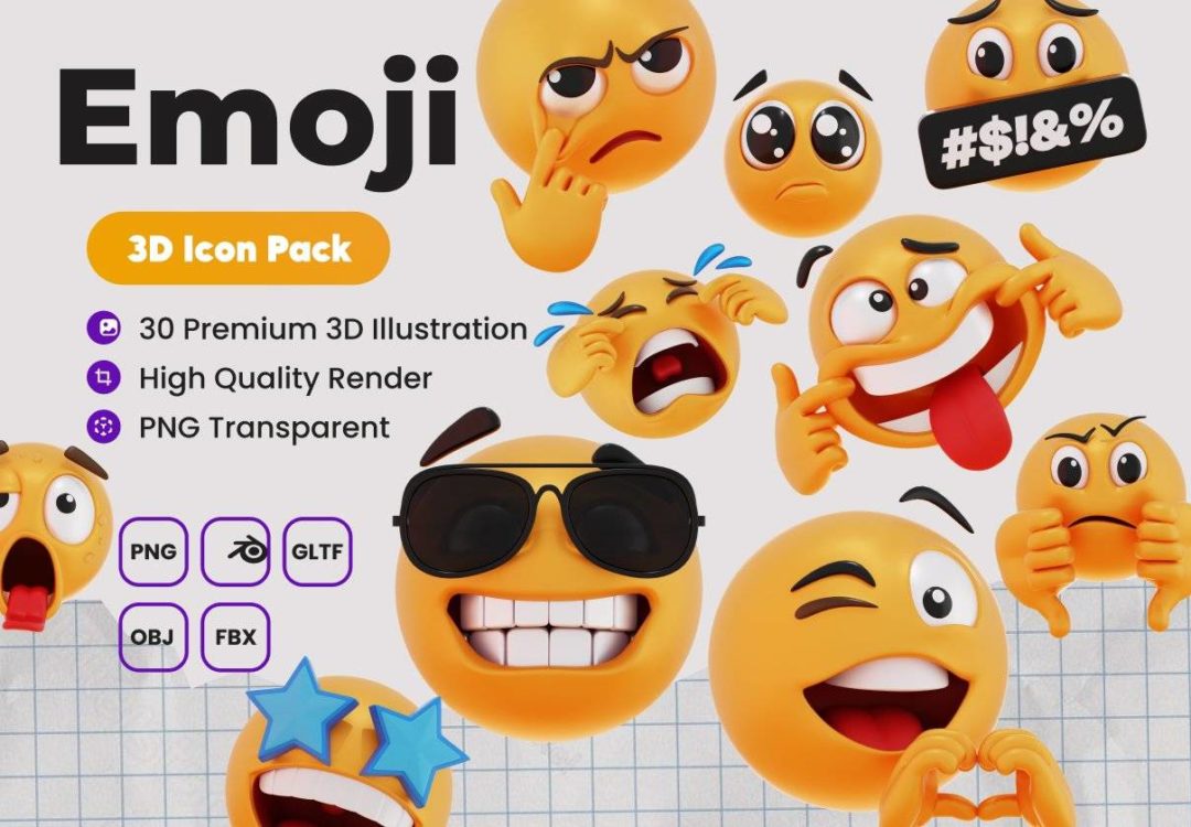 30款卡通趣味3d立体三维Emoji表情图标icons设计png/blender/obj/fbx格式素材 3D Illustration Emoji 图标素材 sucaiwan.com
