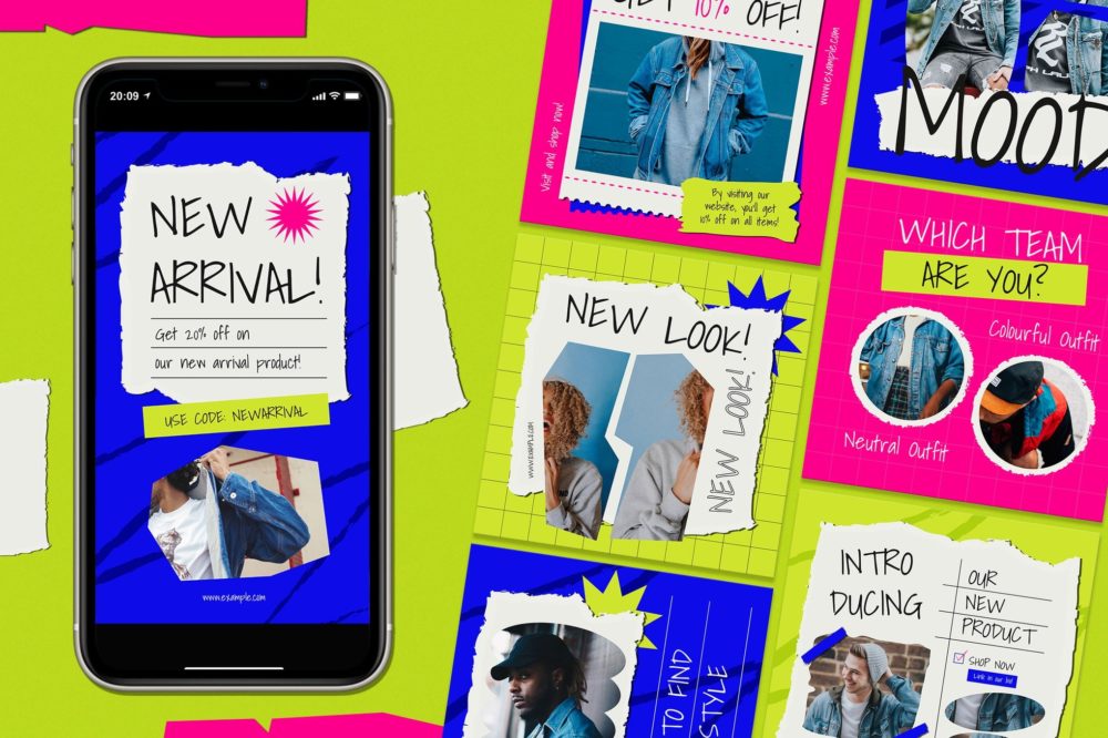 时尚霓虹灯撕纸效果公众号推文电商海报设计PSD/AI分层源文件素材 Neon Grunge Ripped Paper Fashion Instagram Set 幻灯图表 sucaiwan.com