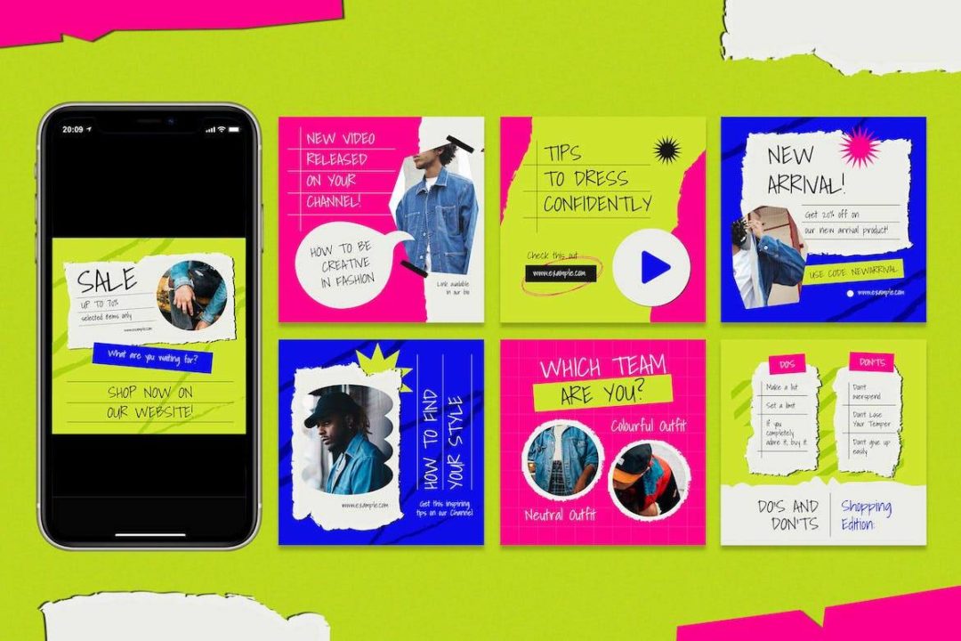 时尚霓虹灯撕纸效果公众号推文电商海报设计PSD/AI分层源文件素材 Neon Grunge Ripped Paper Fashion Instagram Set 幻灯图表 sucaiwan.com