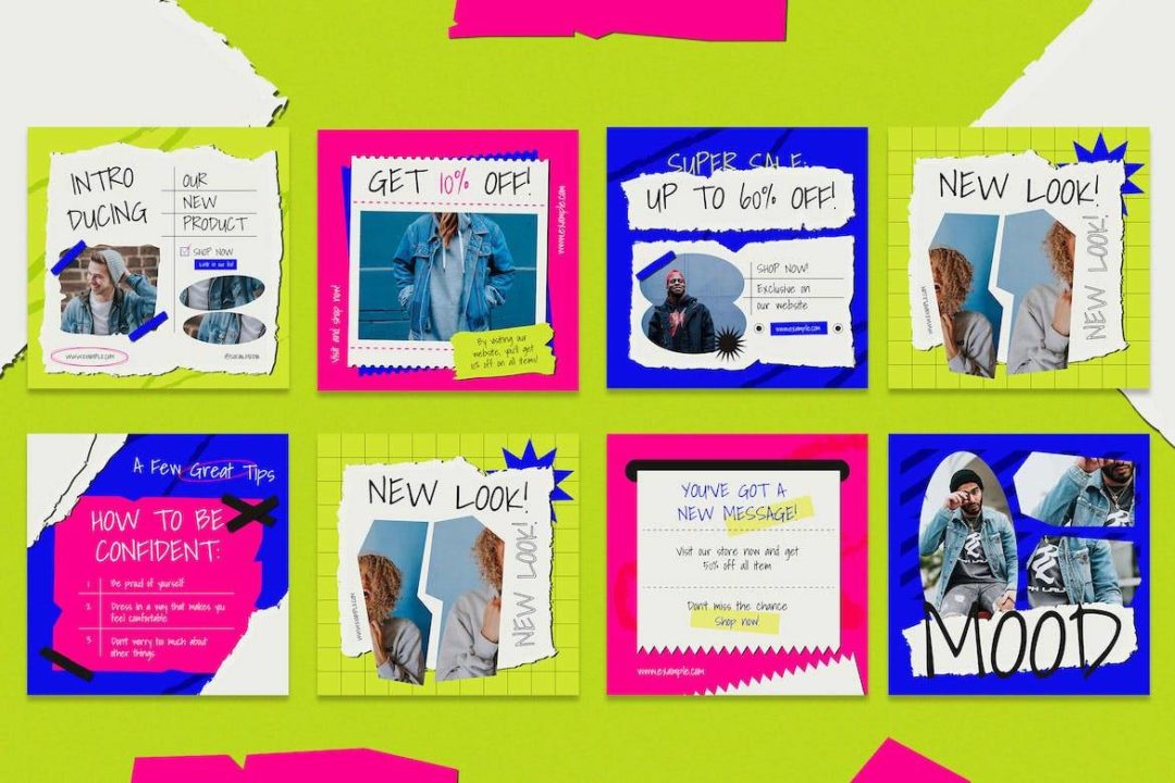 时尚霓虹灯撕纸效果公众号推文电商海报设计PSD/AI分层源文件素材 Neon Grunge Ripped Paper Fashion Instagram Set 幻灯图表 sucaiwan.com