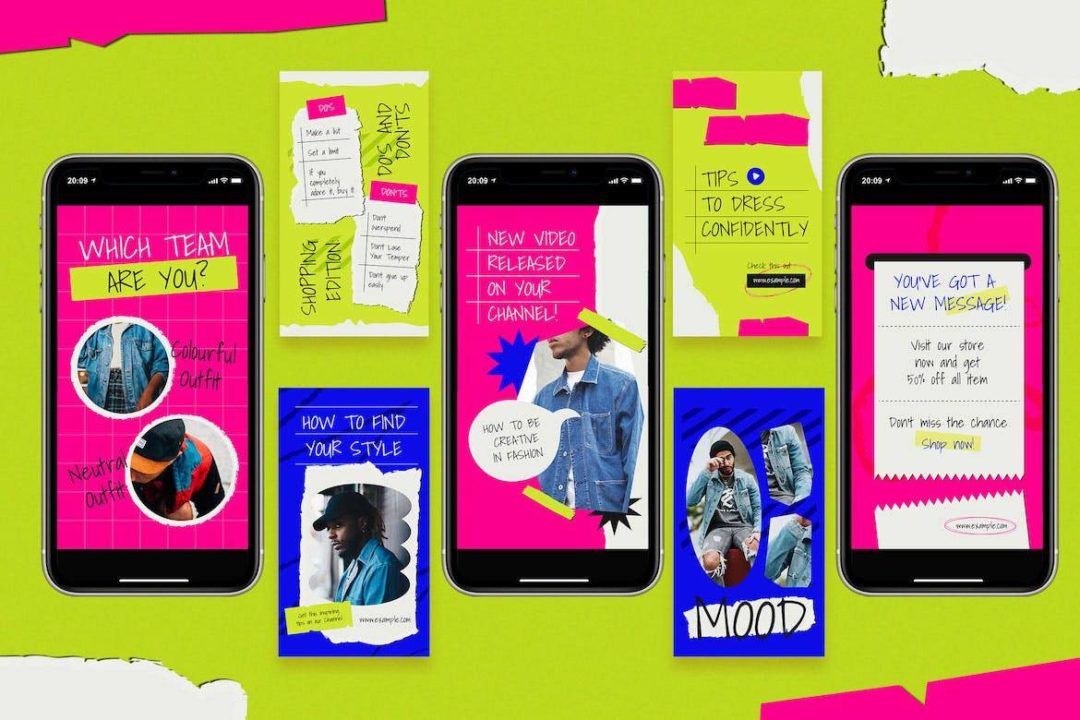 时尚霓虹灯撕纸效果公众号推文电商海报设计PSD/AI分层源文件素材 Neon Grunge Ripped Paper Fashion Instagram Set 幻灯图表 sucaiwan.com