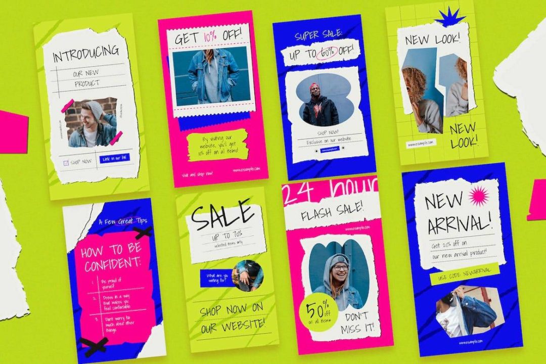 时尚霓虹灯撕纸效果公众号推文电商海报设计PSD/AI分层源文件素材 Neon Grunge Ripped Paper Fashion Instagram Set 幻灯图表 sucaiwan.com