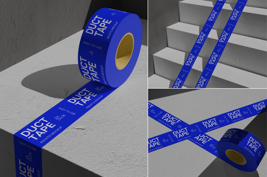 工业风产品快递打包管状塑料胶带logo贴图效果图ps展示样机模板 Duct Tape Mockup | Blue 样机素材 sucaiwan.com