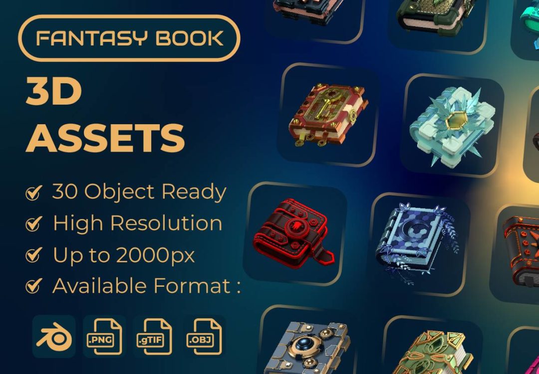 30款高级游戏主题奇幻书籍3d插图图标icons设计png/blender格式素材 Fantasy Book 3D Icon Packs , sucaiwan.com