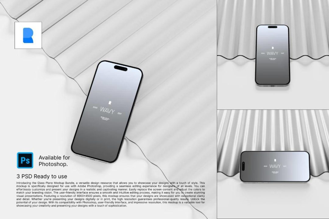 高级苹果iPhone 15 Pro屏幕演示效果图PS贴图样机模板设计素材 iPhone 15 Pro – Wavy Glass , 第1张-素材湾丨精选海外优质设计素材资源 高级苹果iPhone 15 Pro屏幕演示效果图PS贴图样机模板设计素材 iPhone 15 Pro – Wavy Glass , sucaiwan.com