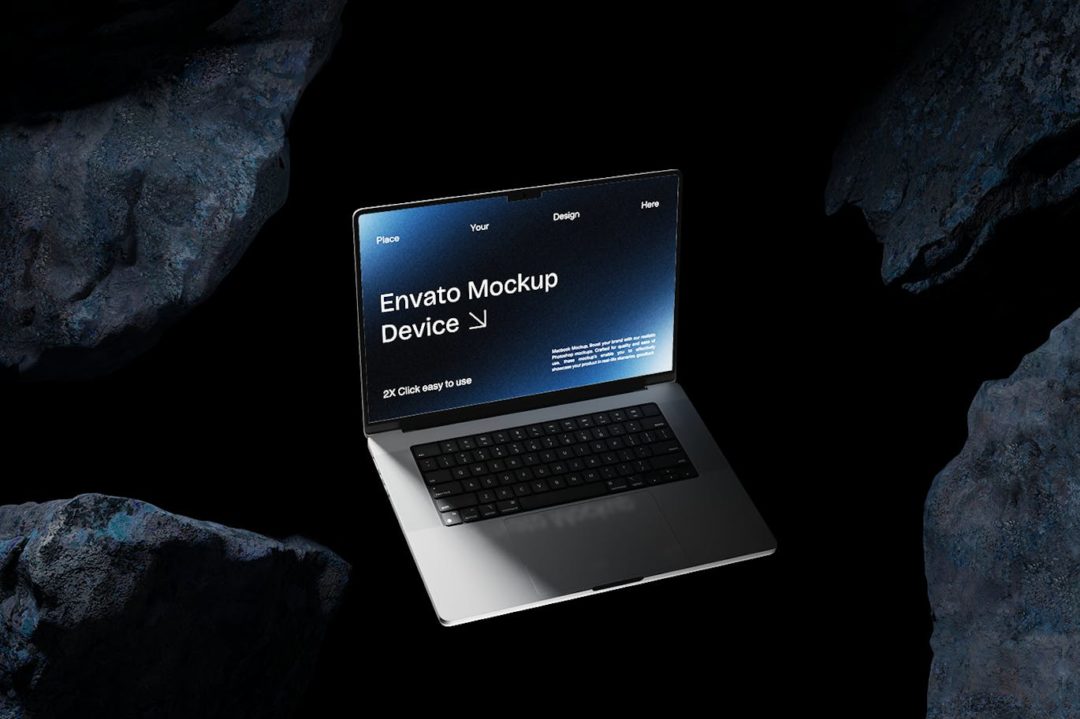 黑化风岩石背景苹果macbook笔记本电脑演示效果图ps贴图样机模板 Macbook Mockup | Blue Stone 样机素材 sucaiwan.com