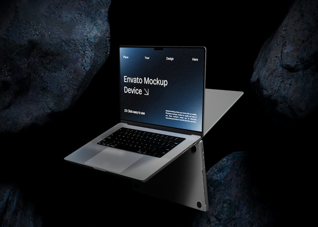 黑化风岩石背景苹果macbook笔记本电脑演示效果图ps贴图样机模板 Macbook Mockup | Blue Stone 样机素材 sucaiwan.com
