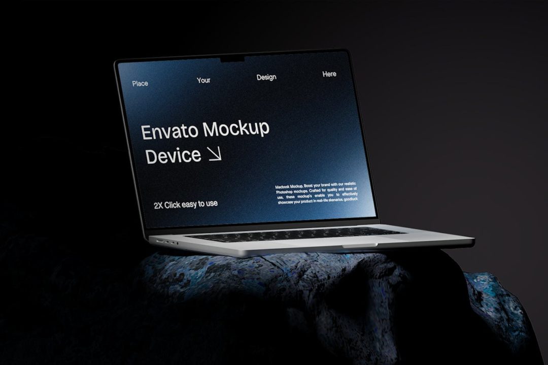 黑化风岩石背景苹果macbook笔记本电脑演示效果图ps贴图样机模板 Macbook Mockup | Blue Stone 样机素材 sucaiwan.com