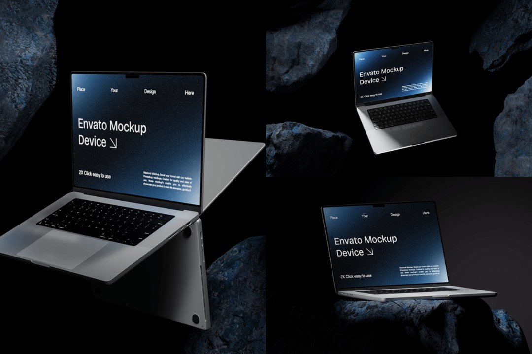 黑化风岩石背景苹果macbook笔记本电脑演示效果图ps贴图样机模板 Macbook Mockup | Blue Stone 样机素材 sucaiwan.com