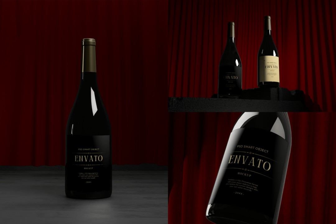 逼真红酒葡萄酒玻璃酒瓶设计展示效果图ps贴图样机模板素材 Wine Mockup | Elegant 样机素材 第1张-素材湾丨精选海外优质设计素材资源 逼真红酒葡萄酒玻璃酒瓶设计展示效果图ps贴图样机模板素材 Wine Mockup | Elegant 样机素材 sucaiwan.com