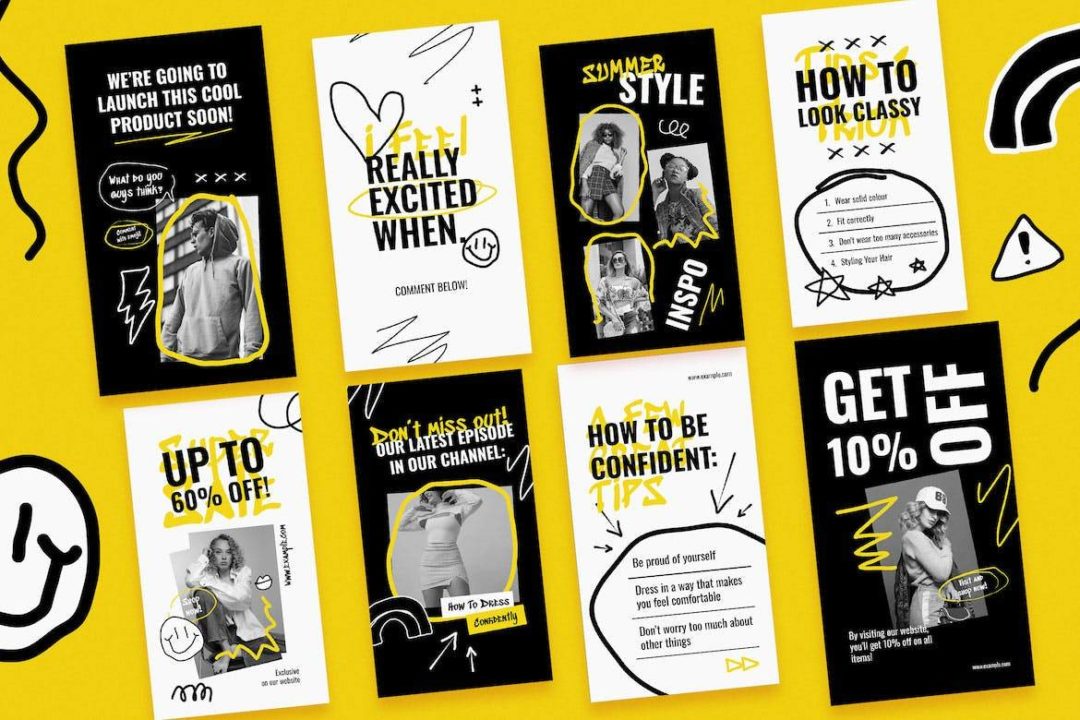 时尚黄色涂鸦公众号推文电商海报设计PSD/AI分层源文件素材 Yellow Scribble Fashion Instagram Set 图片素材 sucaiwan.com