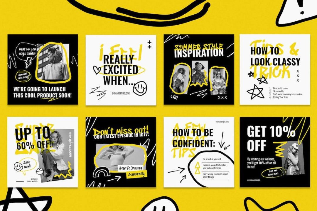 时尚黄色涂鸦公众号推文电商海报设计PSD/AI分层源文件素材 Yellow Scribble Fashion Instagram Set 图片素材 sucaiwan.com