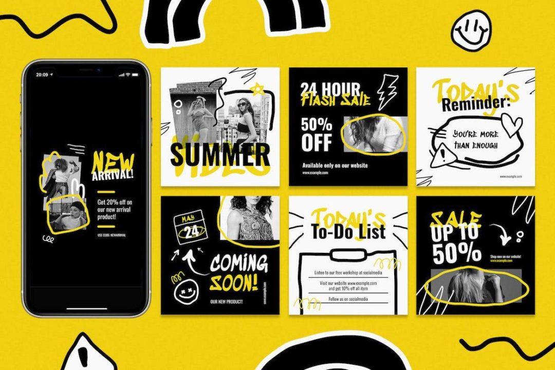 时尚黄色涂鸦公众号推文电商海报设计PSD/AI分层源文件素材 Yellow Scribble Fashion Instagram Set 图片素材 sucaiwan.com