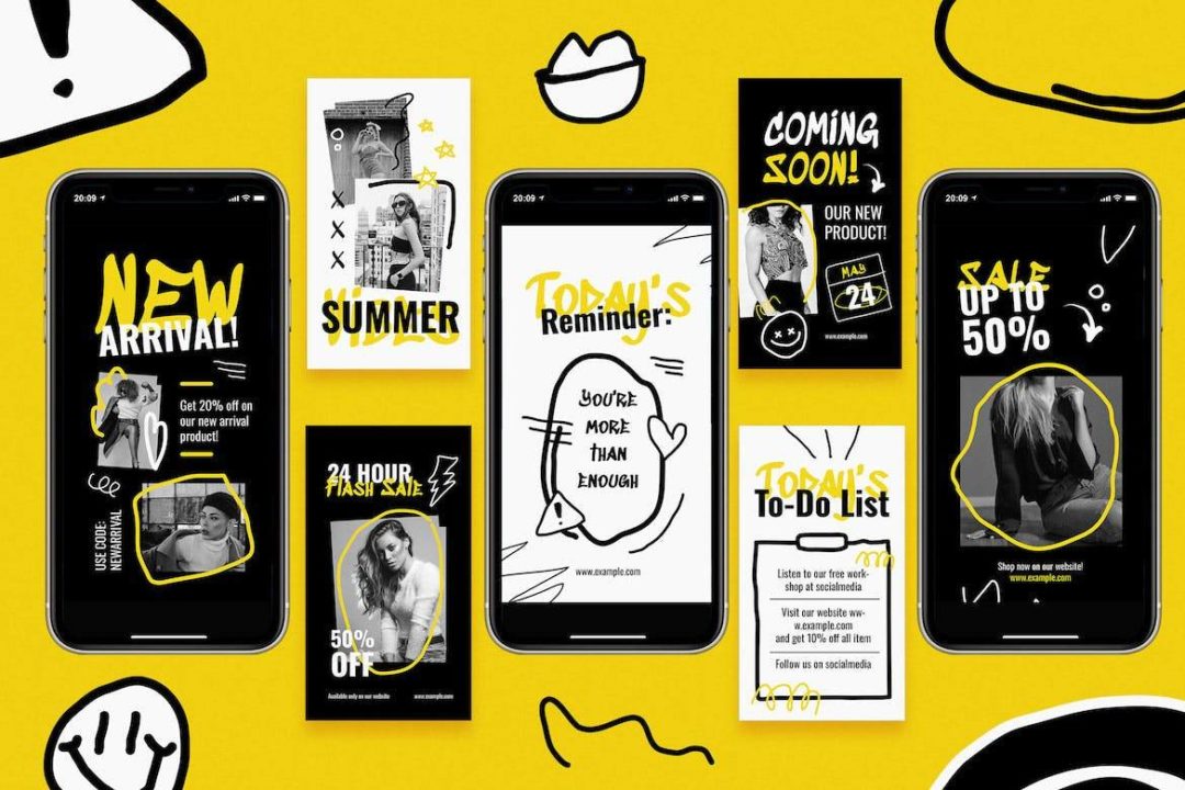 时尚黄色涂鸦公众号推文电商海报设计PSD/AI分层源文件素材 Yellow Scribble Fashion Instagram Set 图片素材 sucaiwan.com