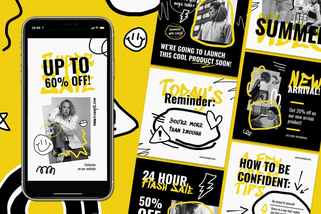 时尚黄色涂鸦公众号推文电商海报设计PSD/AI分层源文件素材 Yellow Scribble Fashion Instagram Set 图片素材 sucaiwan.com