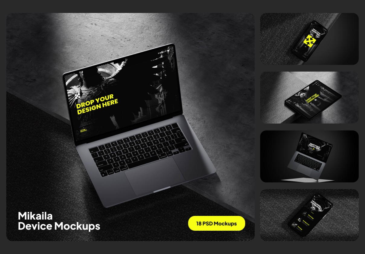 18款黑化风苹果iPhone手机MacBook电脑iPad平板演示效果图Ps贴图样机模板素材 Mikaila Device Mockups 样机素材 sucaiwan.com