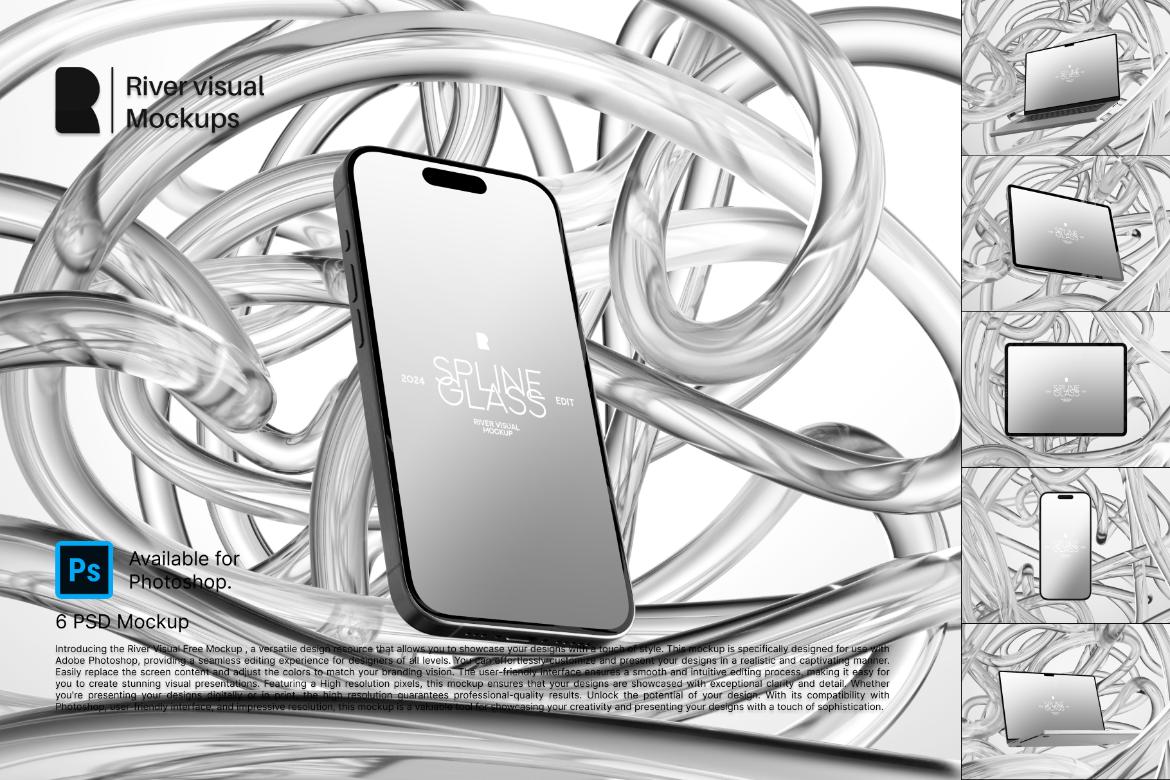 未来科幻玻璃背景苹果iPhone手机MacBook电脑iPad平板Ps展示贴图样机模板 Device Mockup – Spline Glass Series 样机素材 sucaiwan.com