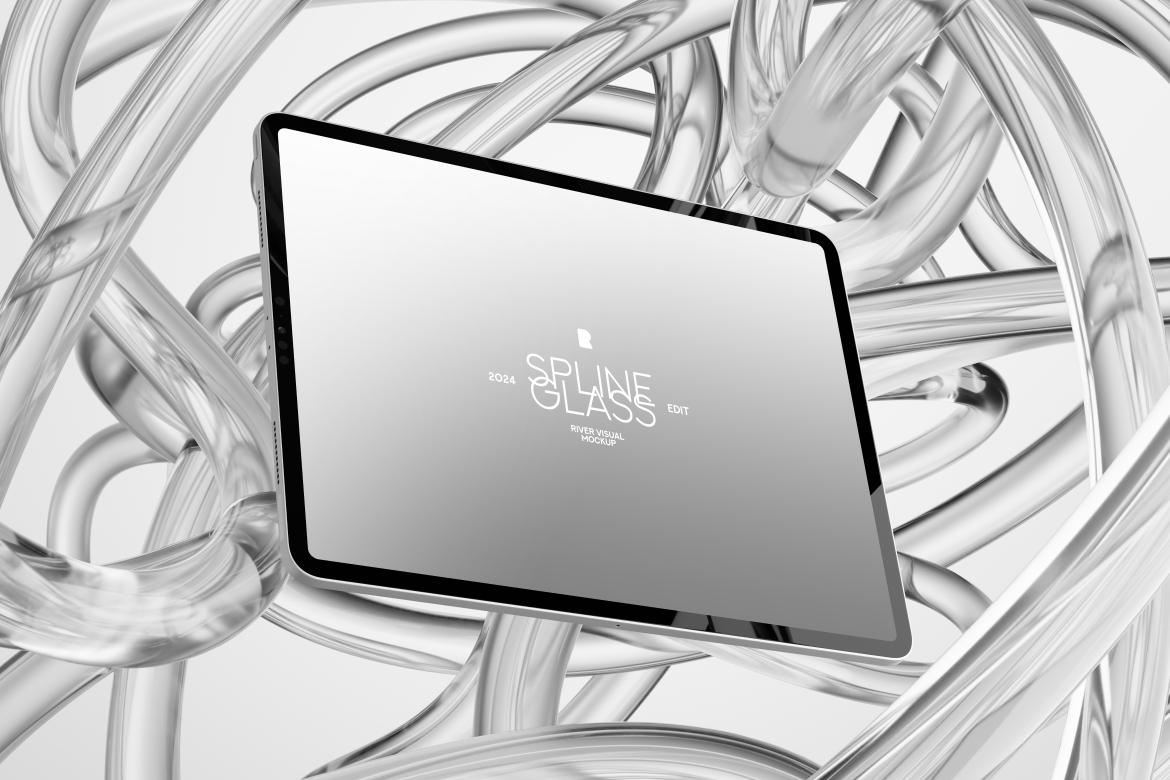未来科幻玻璃背景苹果iPhone手机MacBook电脑iPad平板Ps展示贴图样机模板 Device Mockup – Spline Glass Series 样机素材 sucaiwan.com