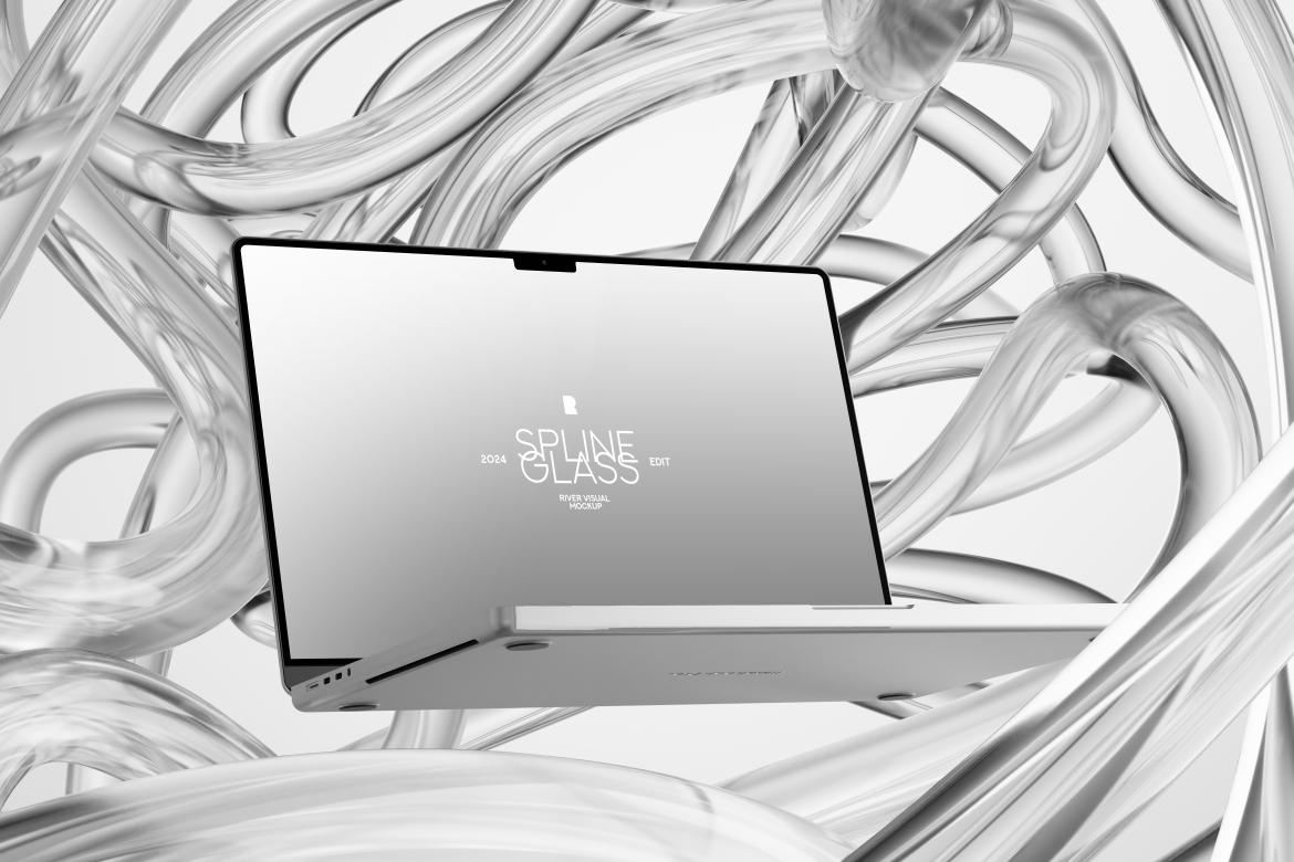 未来科幻玻璃背景苹果iPhone手机MacBook电脑iPad平板Ps展示贴图样机模板 Device Mockup – Spline Glass Series 样机素材 sucaiwan.com