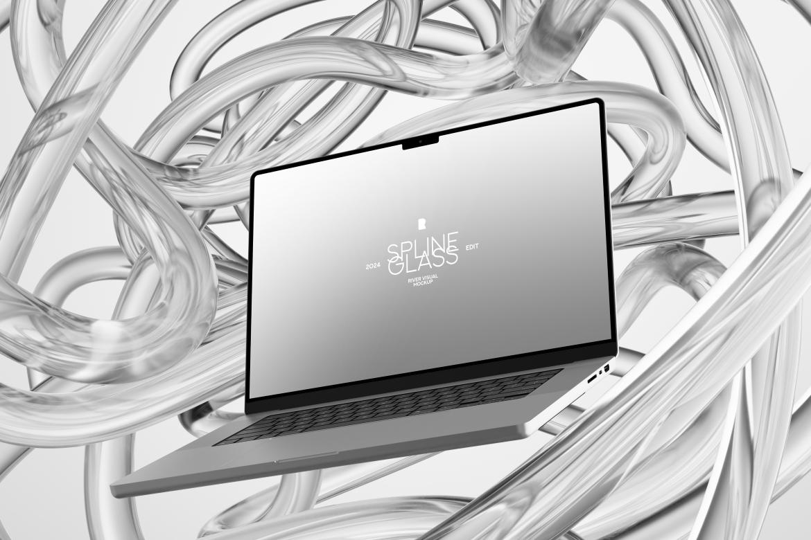 未来科幻玻璃背景苹果iPhone手机MacBook电脑iPad平板Ps展示贴图样机模板 Device Mockup – Spline Glass Series 样机素材 sucaiwan.com