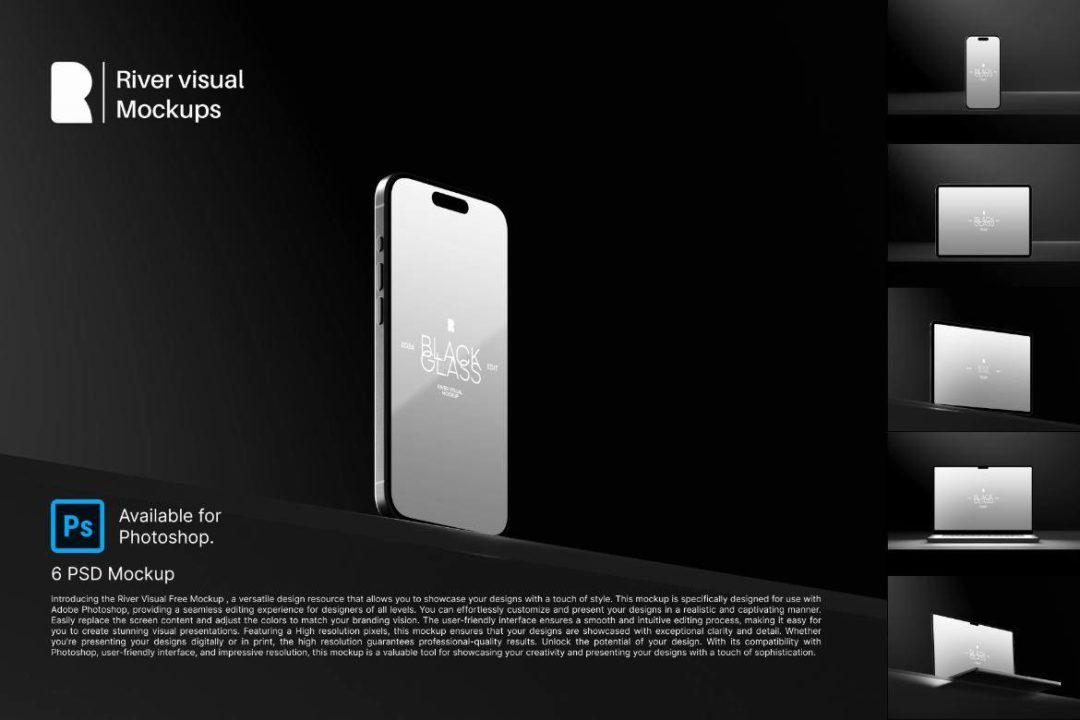 6款黑化风苹果MacBook电脑iPhone手机iPad平板展示效果图Ps贴图样机模板 Device Mockup – Black Glass Series 样机素材 第1张-素材湾丨精选海外优质设计素材资源 6款黑化风苹果MacBook电脑iPhone手机iPad平板展示效果图Ps贴图样机模板 Device Mockup – Black Glass Series 样机素材 sucaiwan.com
