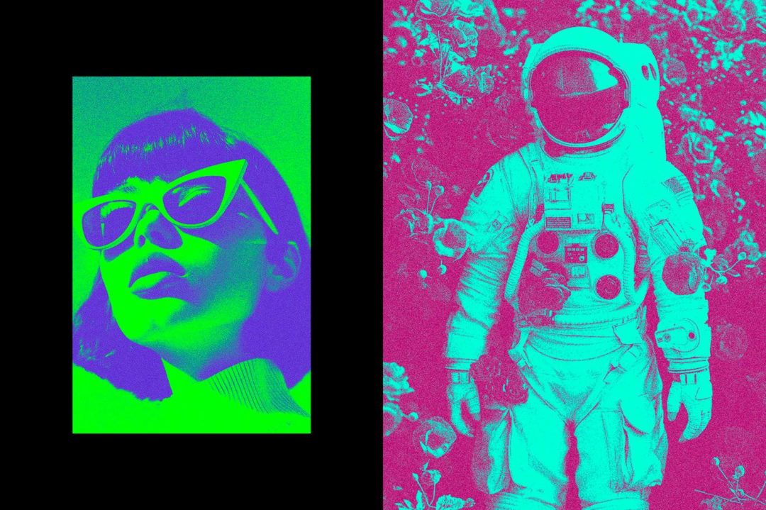 迷幻双色调颗粒纹理照片效果ps特效滤镜插件样机模板素材 Color Grainy Photo Effect 插件预设 sucaiwan.com