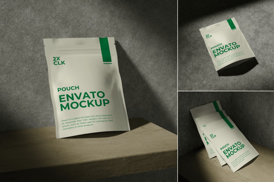 时尚混凝土背景食品零食立式塑料包装袋设计展示效果图ps贴图样机模板 Pouch Mockup | Modern 样机素材 第1张-素材湾丨精选海外优质设计素材资源 时尚混凝土背景食品零食立式塑料包装袋设计展示效果图ps贴图样机模板 Pouch Mockup | Modern 样机素材 sucaiwan.com