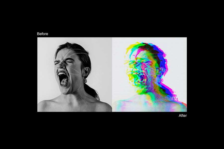 18款新潮故障错位视觉设计美学照片文字字体Ps特效滤镜插件样机模板 Classic Glitch Effects Collection 插件预设 sucaiwan.com