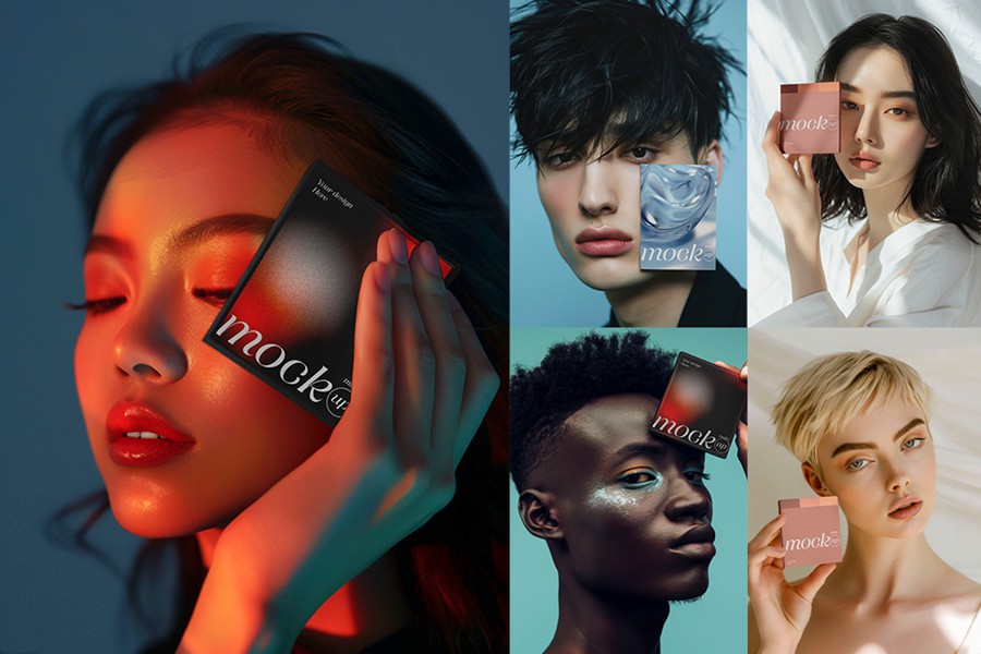 30款时尚美妆模特手持化妆品眼影盘散粉遮瑕腮红高光口红唇膏包装纸盒logo设计展示PSD样机套装30 AI Generated make up mockup 样机素材 sucaiwan.com
