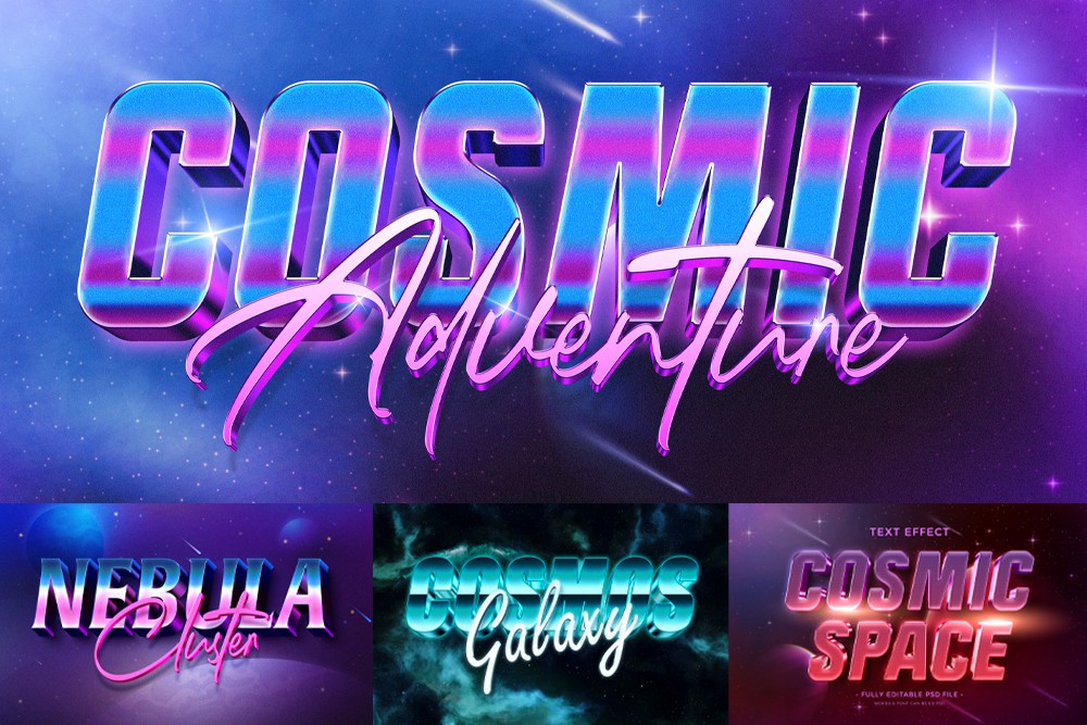 10款3D立体全息金属镀铬蒸汽波文本标题logo徽标PSD特效样机10 Cosmic text effect set 插件预设 sucaiwan.com