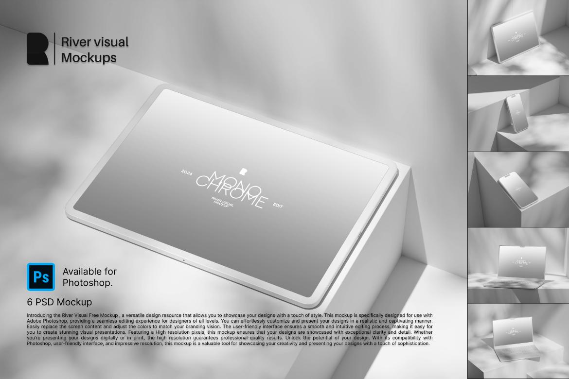 6款时尚苹果iPad平板iPhone手机MacBook电脑展示效果图Ps贴图样机模板素材 Device Mockup – Monochrome Series 样机素材 sucaiwan.com