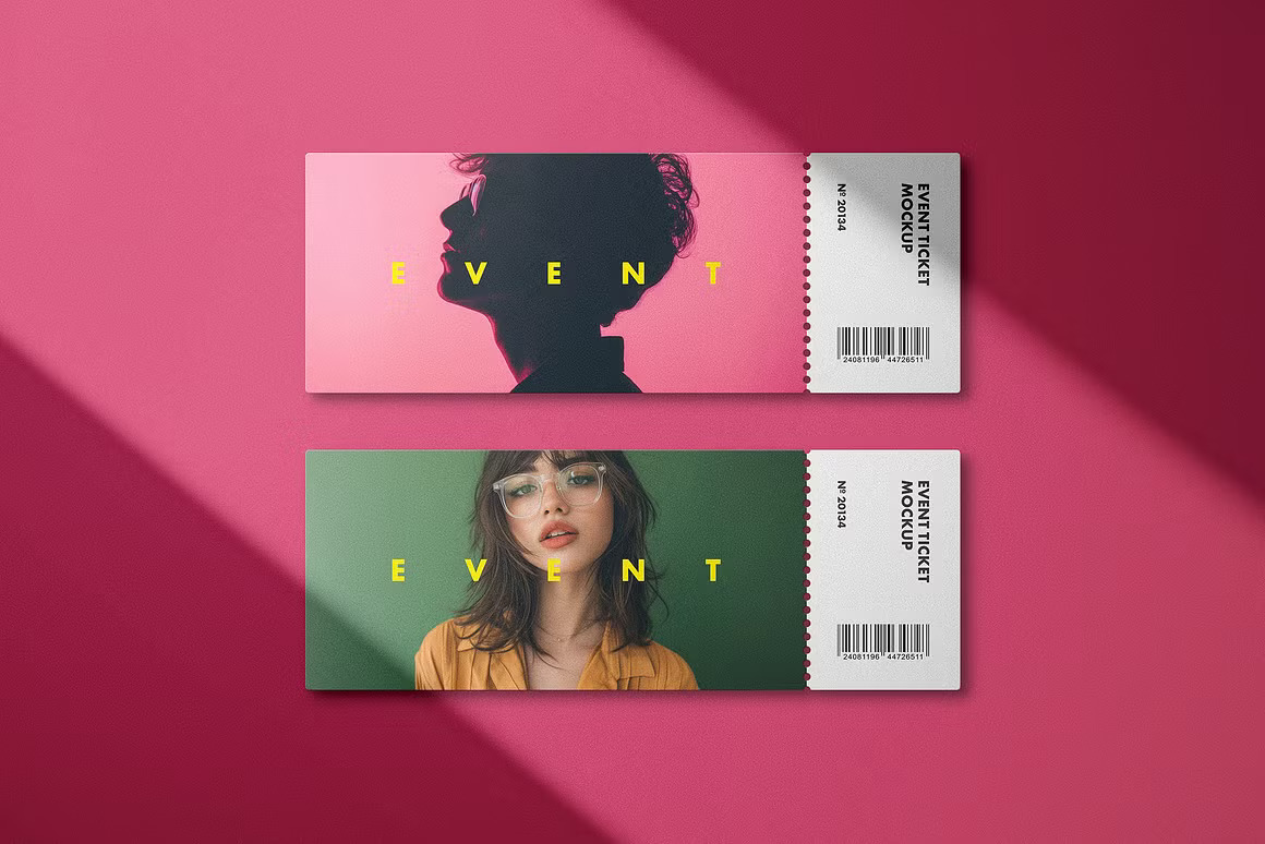 6款时尚电影音乐飞机票门票设计展示效果图Ps贴图样机模板素材 Event Ticket Mockups with Shadows 样机素材 sucaiwan.com