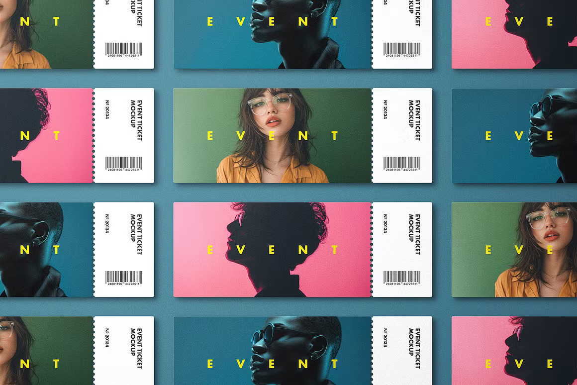 6款时尚电影音乐飞机票门票设计展示效果图Ps贴图样机模板素材 Event Ticket Mockups with Shadows 样机素材 sucaiwan.com