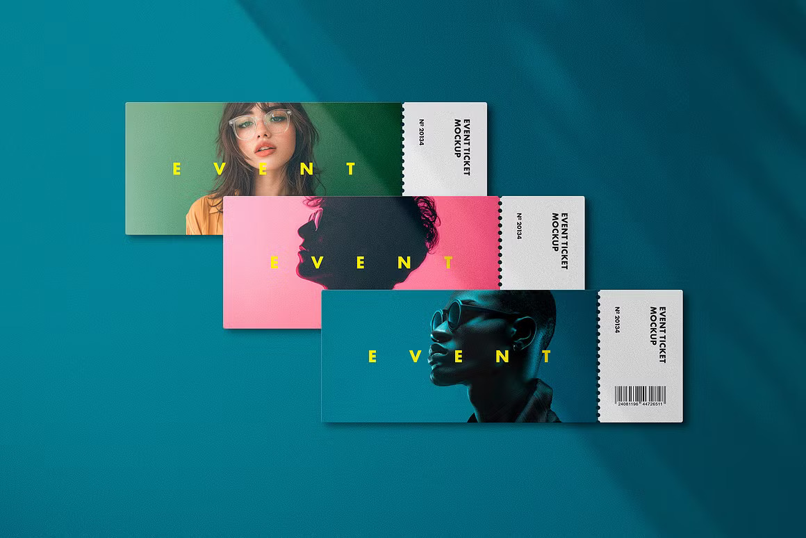 6款时尚电影音乐飞机票门票设计展示效果图Ps贴图样机模板素材 Event Ticket Mockups with Shadows 样机素材 sucaiwan.com