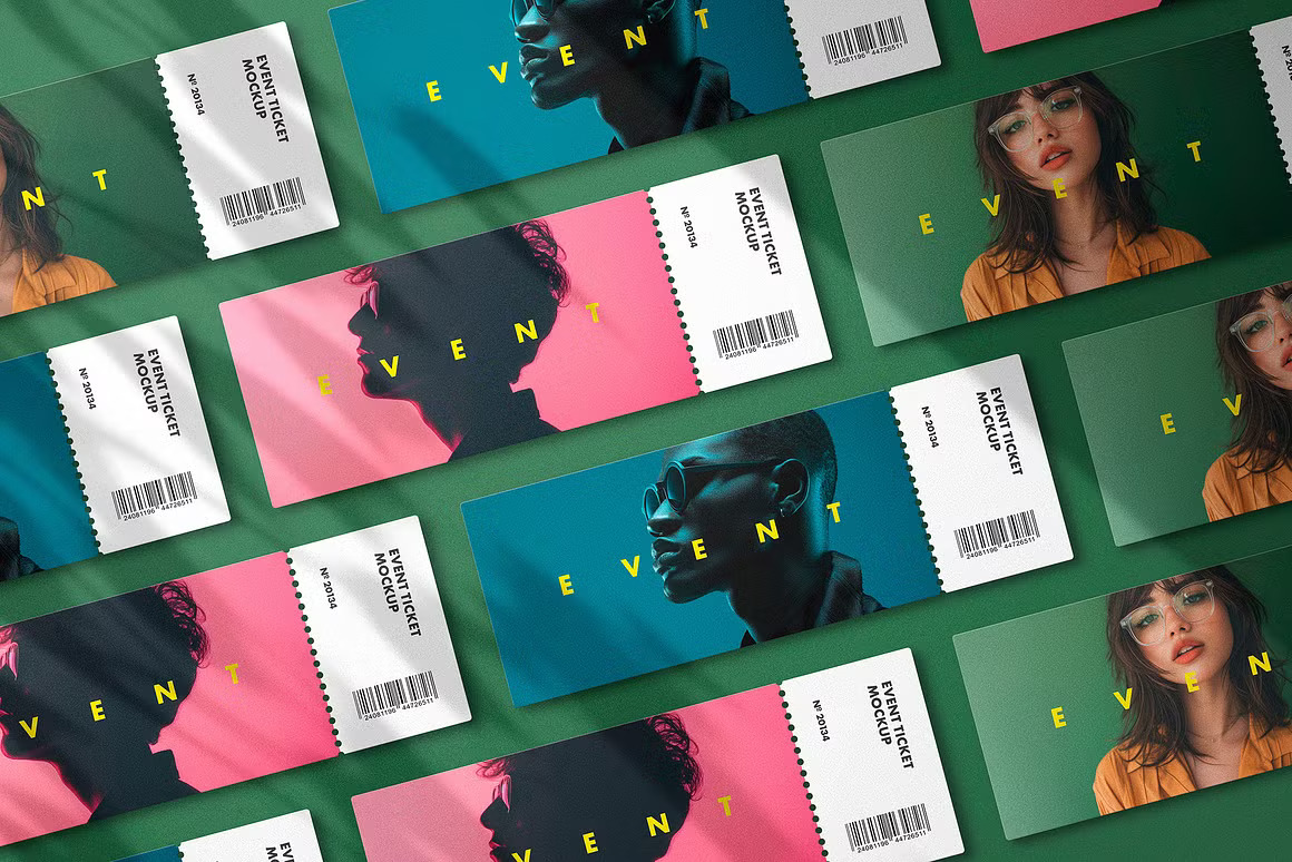 6款时尚电影音乐飞机票门票设计展示效果图Ps贴图样机模板素材 Event Ticket Mockups with Shadows 样机素材 sucaiwan.com