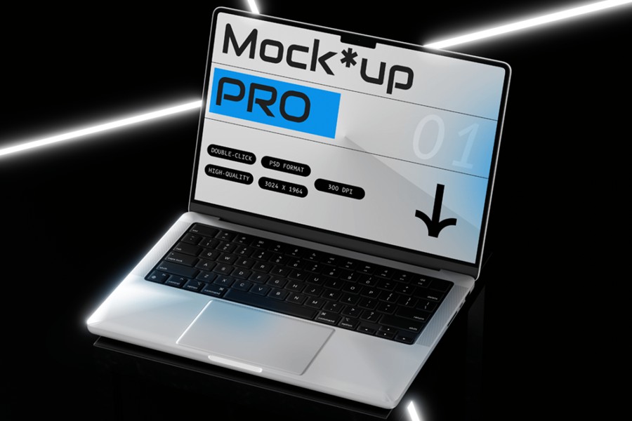 潮流黑化风苹果MacBook笔记本电脑演示效果图Ps贴图样机模板 Laptop Mockup 样机素材 sucaiwan.com