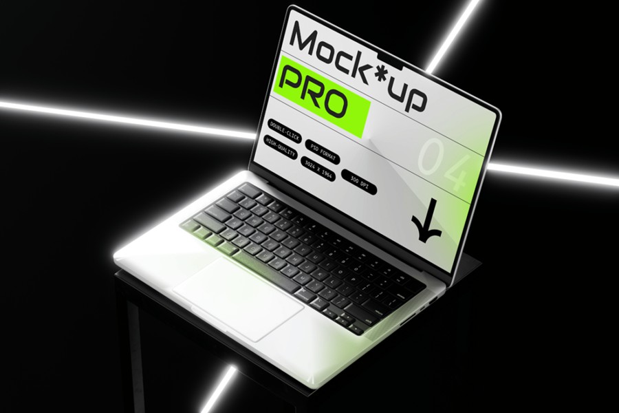 潮流黑化风苹果MacBook笔记本电脑演示效果图Ps贴图样机模板 Laptop Mockup 样机素材 sucaiwan.com