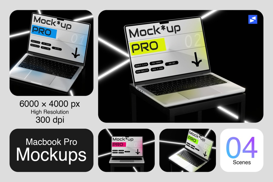 潮流黑化风苹果MacBook笔记本电脑演示效果图Ps贴图样机模板 Laptop Mockup 样机素材 sucaiwan.com