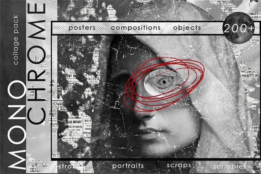 209款做旧粗糙涂鸦艺术单色女性动物纸片线条丙烯酸笔触纹理拼贴画PNG免抠图设计素材 Monochrome Collage Pack 图片素材 sucaiwan.com