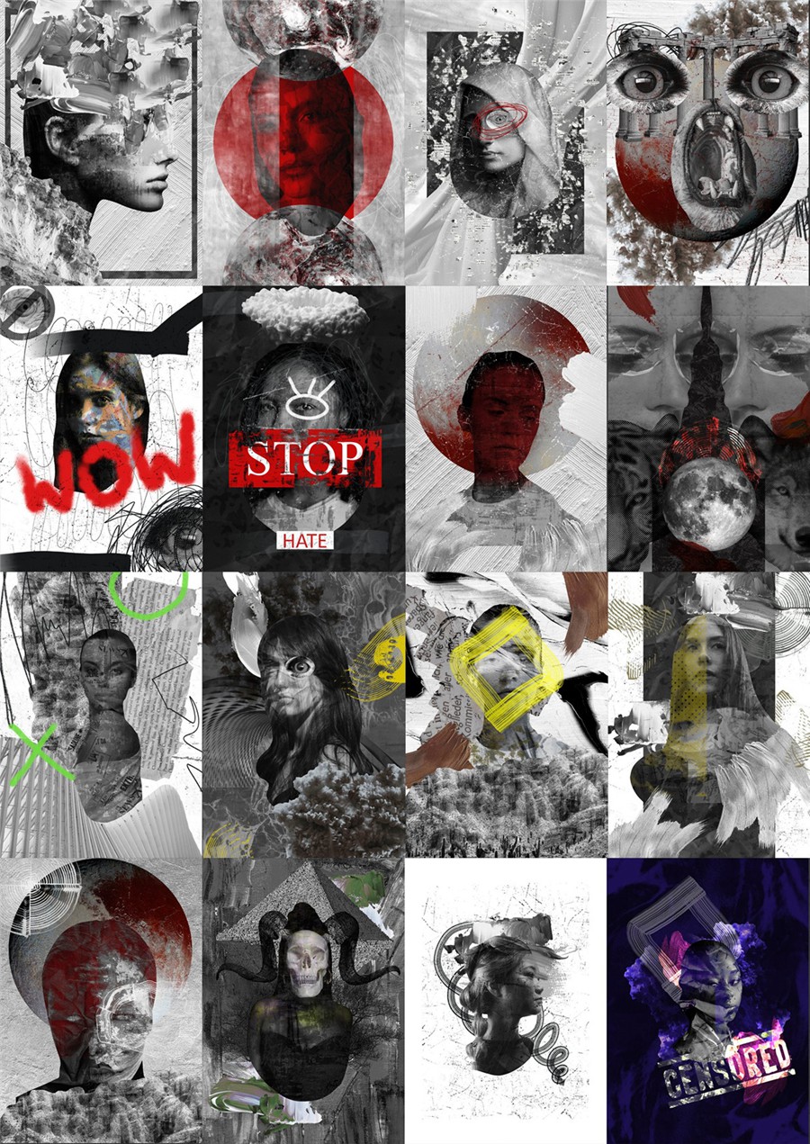 209款做旧粗糙涂鸦艺术单色女性动物纸片线条丙烯酸笔触纹理拼贴画PNG免抠图设计素材 Monochrome Collage Pack 图片素材 sucaiwan.com